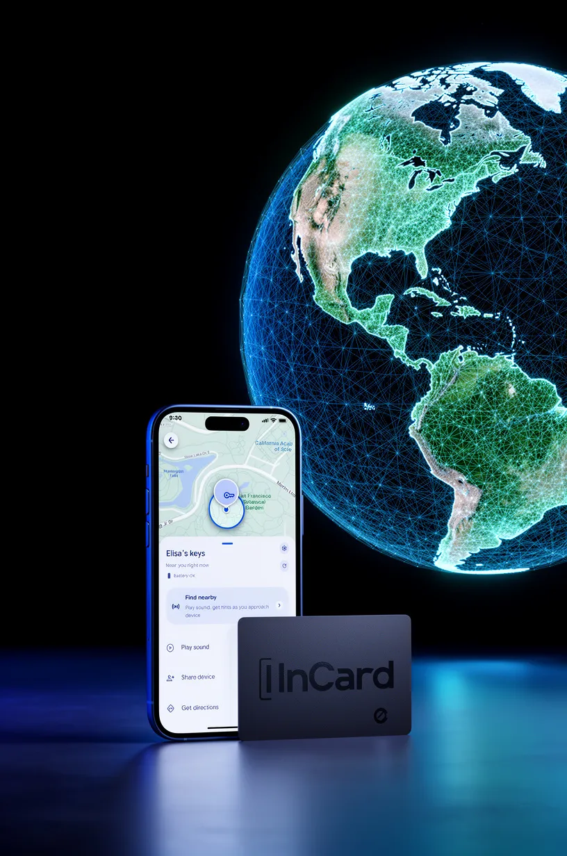 InCard Finder displayed beside a smartphone tracking interface, with a connected globe illustrating crowdsourced location coverage