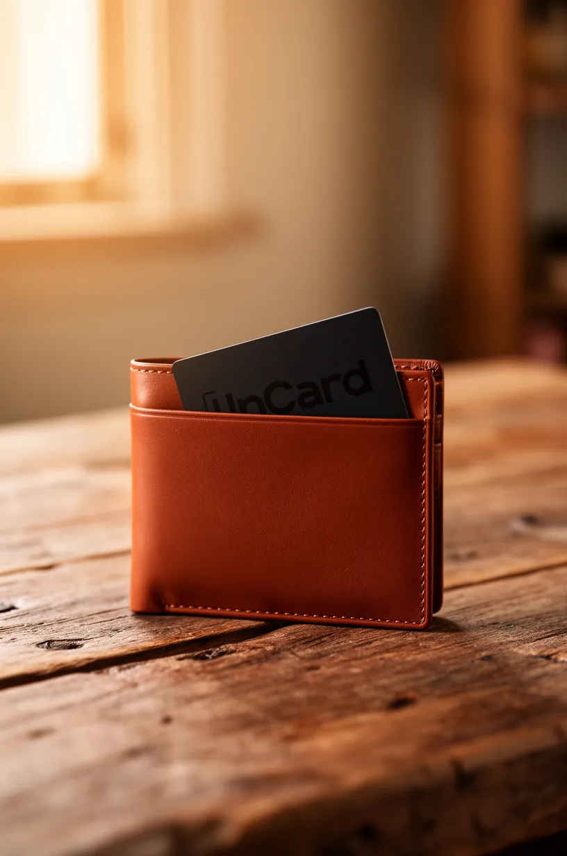 InCard Finder resting naturally in the card slot of a slim brown leather wallet