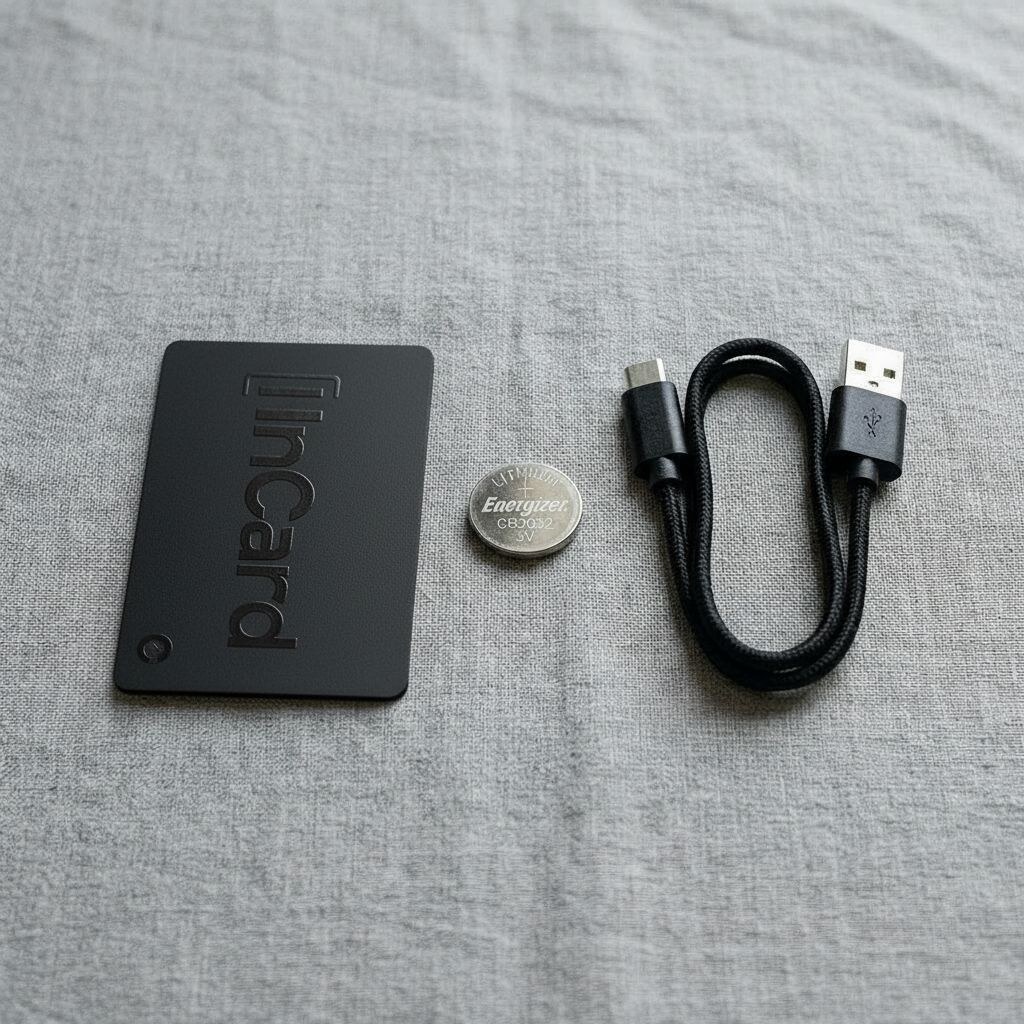 Side-by-side flat lay of InCard Finder next to a CR2032 coin cell and a small USB charging cable, labeled 'three approaches to wallet tracker power'