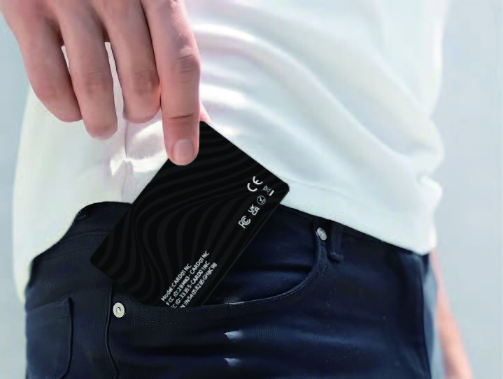 Close-up macro of InCard Finder card edge showing no port or seam, with ruler showing 1.7 mm thickness