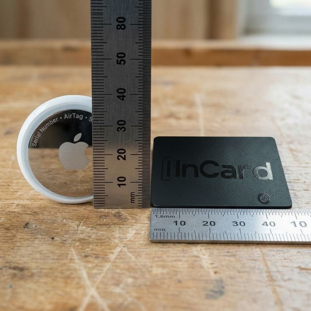 Side-by-side physical measurement photo — AirTag standing upright next to a ruler showing 8mm, next to InCard Finder lying flat against the same ruler showing 1.7mm