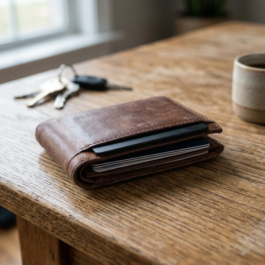 InCard Finder sitting flat in a standard bifold wallet card slot, wallet closed normally, no visible bulge