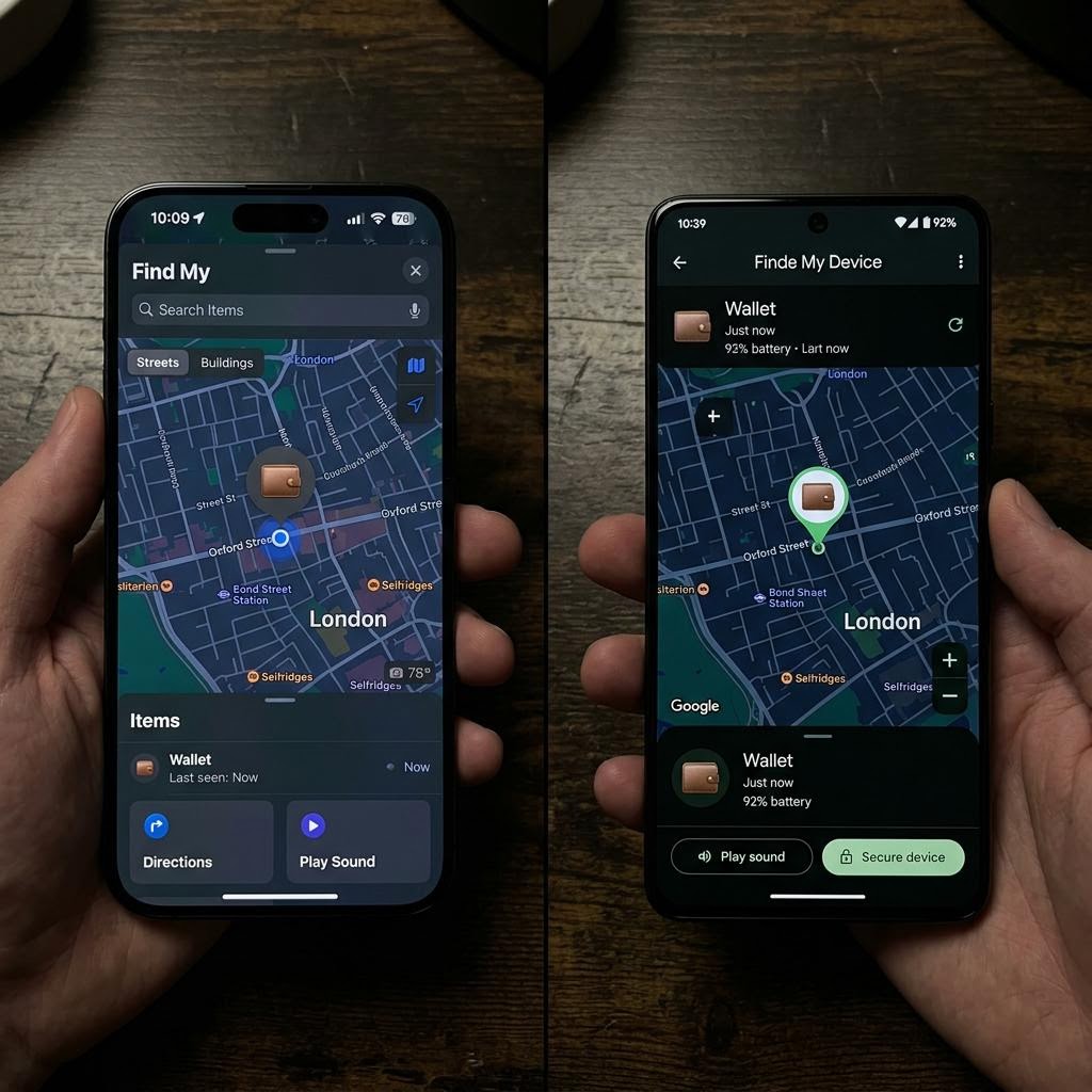 Split-screen graphic — Apple Find My app on an iPhone showing a wallet location / Google Find Hub app on an Android phone showing the same wallet location, InCard Finder in the centre